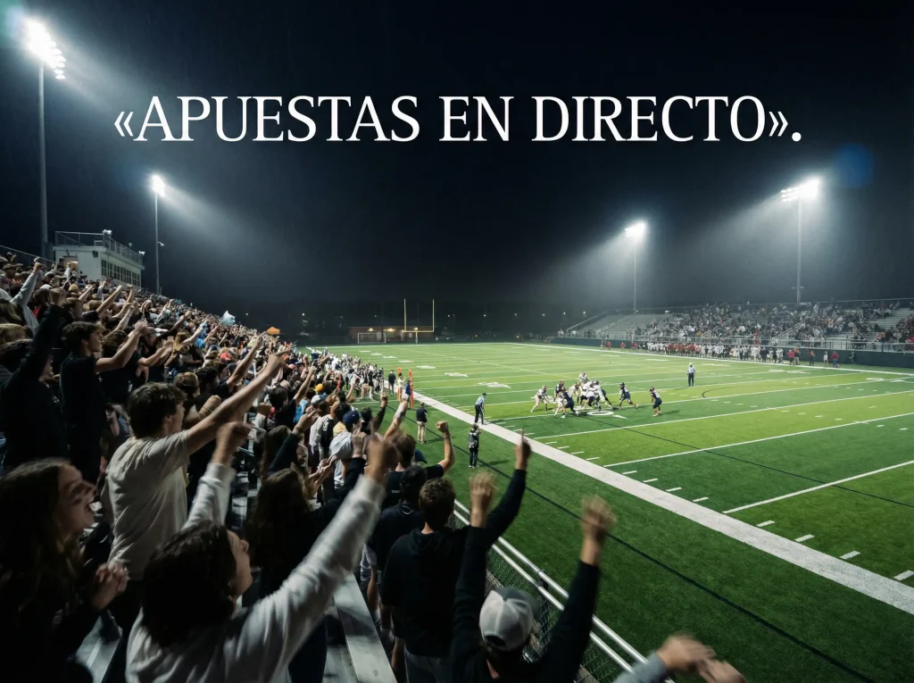Estadio universitario lleno durante partido nocturno con focos encendidos
