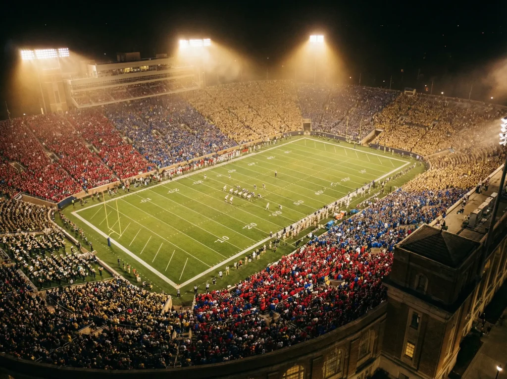 Estadio universitario iluminado durante partido nocturno de fútbol americano NCAA con multitud de aficionados