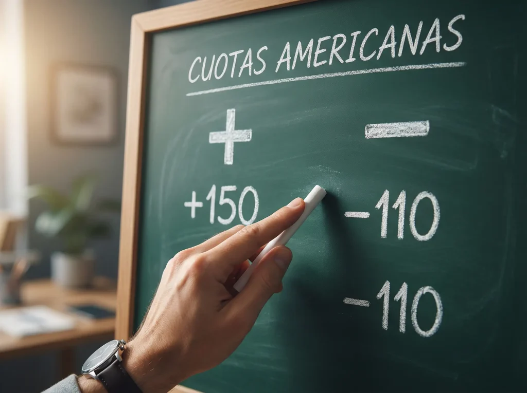 Pizarra con cuotas de apuestas y signos más y menos para partidos universitarios