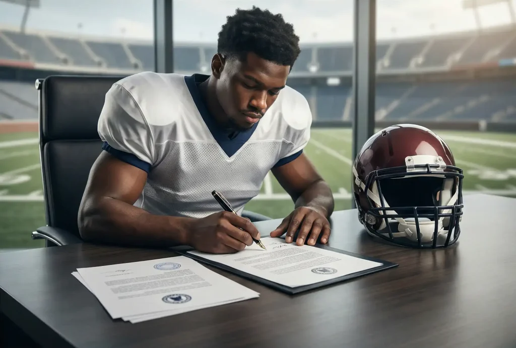 Jugador de fútbol americano universitario firmando un contrato NIL