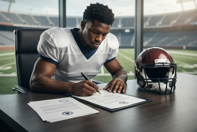 Jugador de fútbol americano universitario firmando un contrato NIL