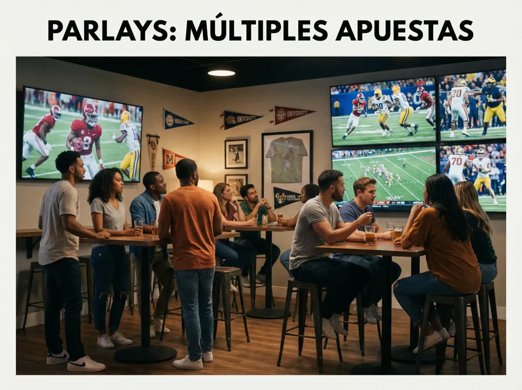 Grupo de aficionados viendo múltiples partidos de fútbol americano universitario en pantallas