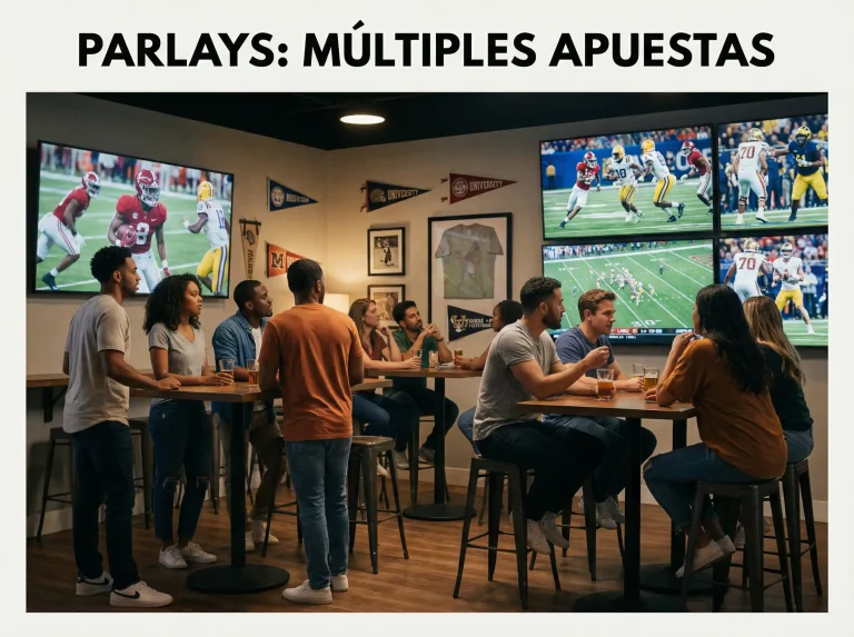 Grupo de aficionados viendo múltiples partidos de fútbol americano universitario en pantallas