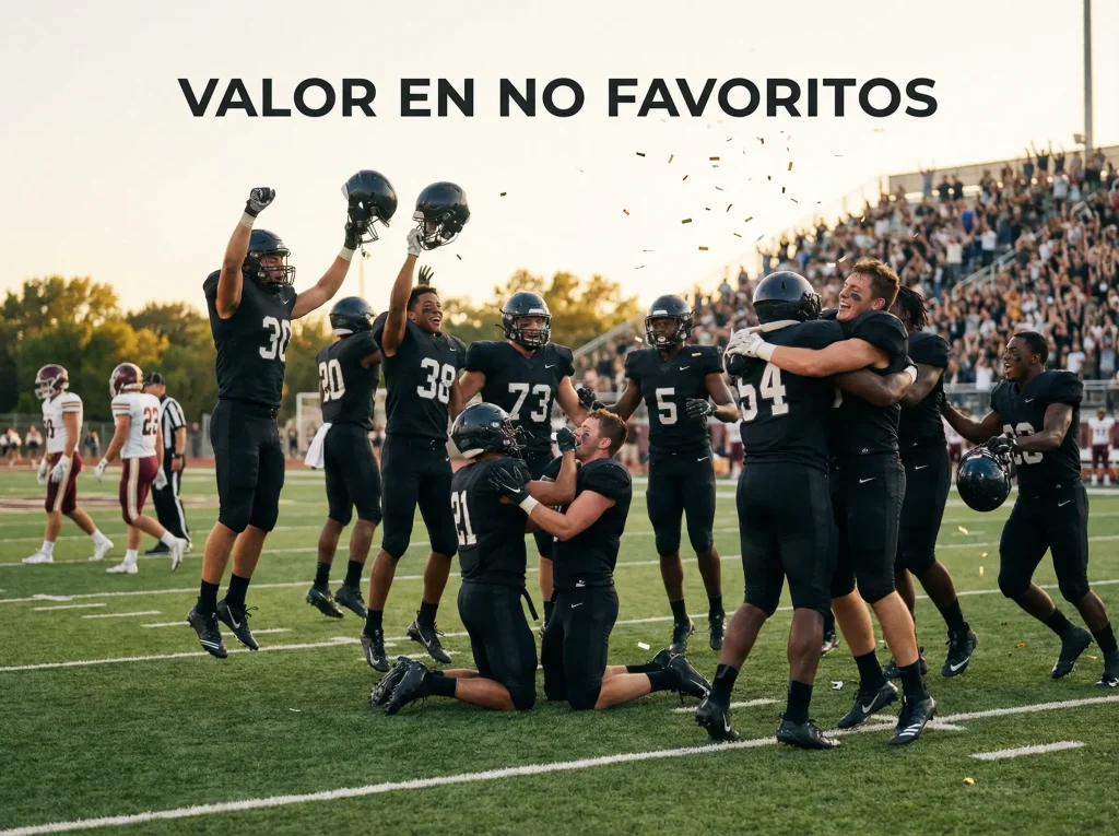 Equipo universitario de fútbol americano celebrando victoria sorpresa en el campo
